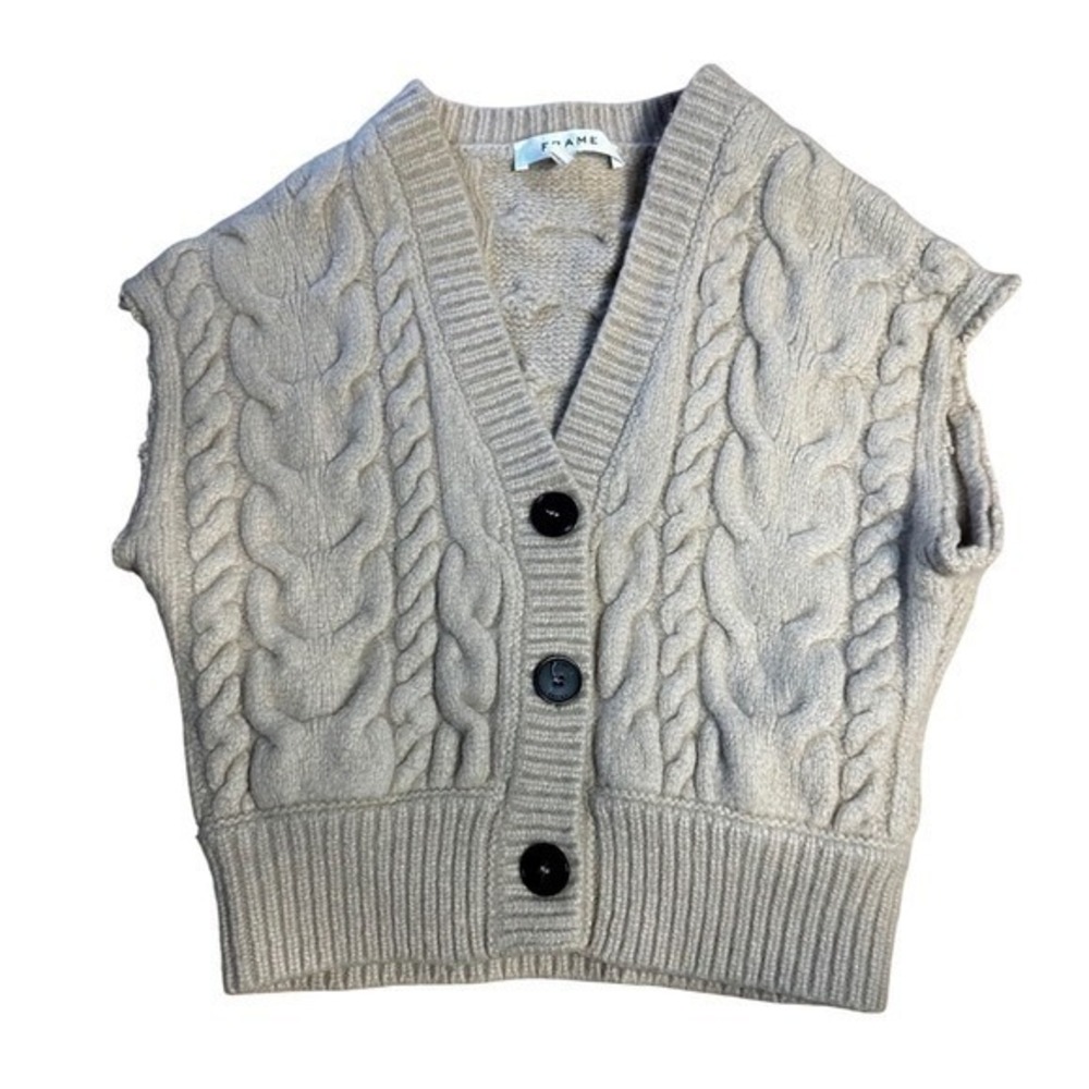 FRAME Oatmeal Cable Knit Vest Sleeveless Merino Wool Cardigan Sweater S/P
